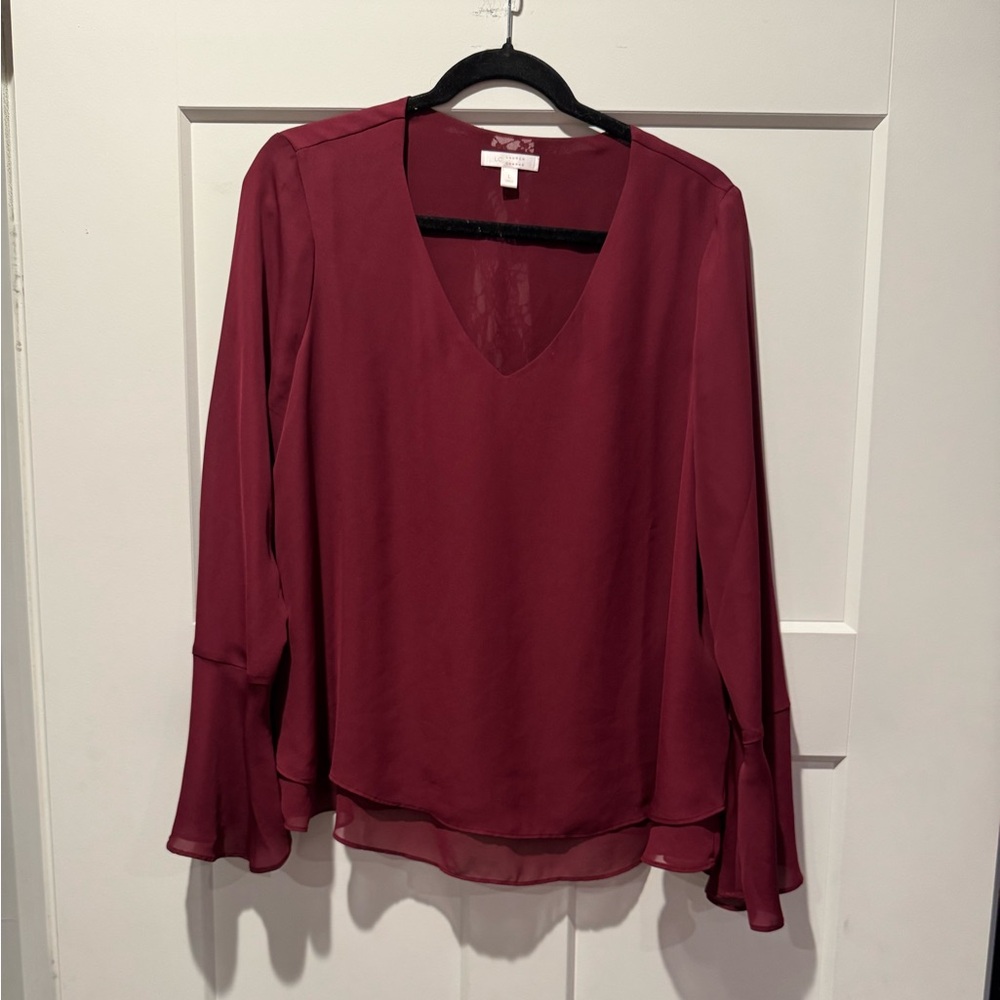 EUC Lauren Conrad Maroon Bell Sleeve Blouse with Lace See-Through Back